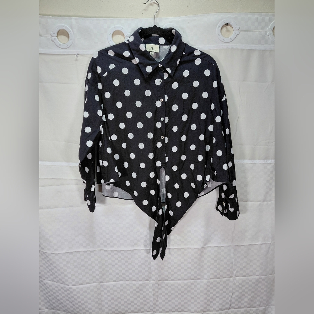 TUCKERNUCK Black White Polka Dot Juliana Tie Front Shirt Oversized Women's